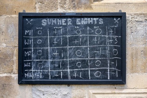 Chalk-lettered board with symbols and pictograms for the Eights Week rowing regatta