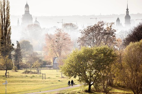 A couple walking along the Elbe meadows against the backdrop of Dresden's old town