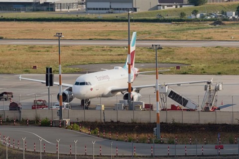 Passenger aircraft Airbus A319-132 of the airline Eurowings on the tarmac at Hamburg Airport