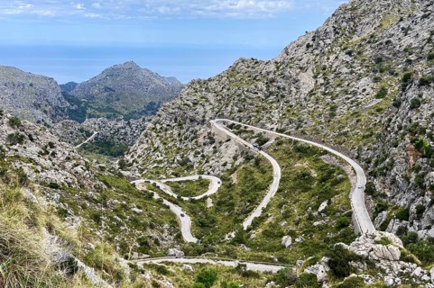 The winding road from Sa Calobra to Coll dels Reis in the Tramuntana Mountains