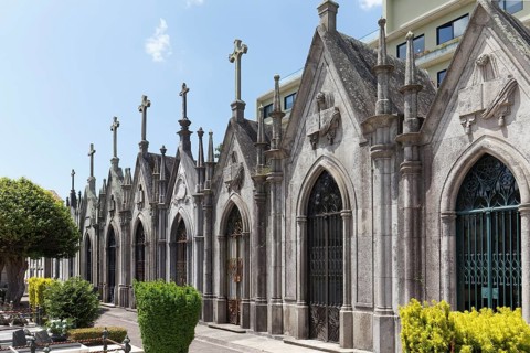 Row of mausoleums in the historic cemetery Cemiterio de Agramonte