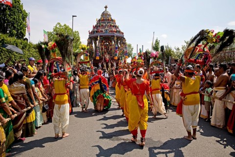 Dancing Hindus on the main festival day at the big parade Theer