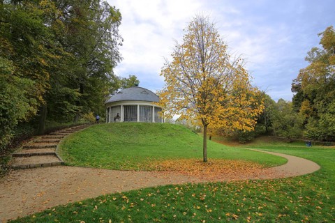 View of historic carousel with dome in Wilhelmsbad State Park