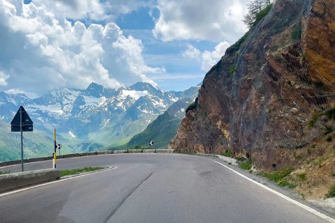 View of hairpin bend from mountain road in the Alps in South Tyrol