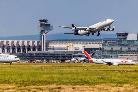 Taking off Airbus A340-300 of the airline Lufthansa