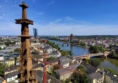 View from the Kaiserdom St. Bartholomaeus on the Main and the European Central Bank