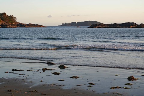 Deserted sandy beach at sunset