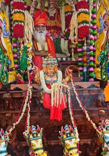 Priest Arumugam Paskaran at the main festival day during the big procession Theer