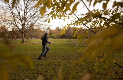 Man doing early morning exercise in autumn in a meadow.