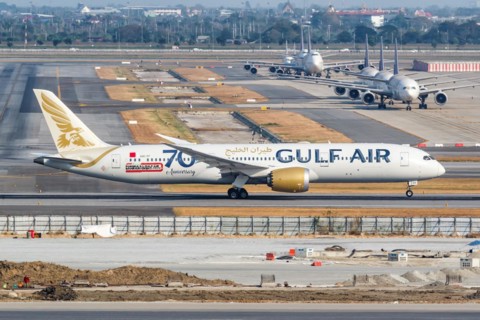 A Gulf Air Boeing 787-9 Dreamliner aircraft with registration A9C-FF at Bangkok Suvarnabhumi Airport