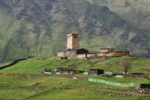 Lamaria Church against a mountain backdrop