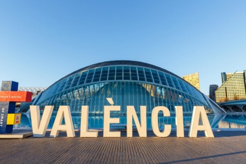 Ciutat de les Arts i les Ciencies with Hemisferic building modern architecture by Santiago Calatrava in Valencia