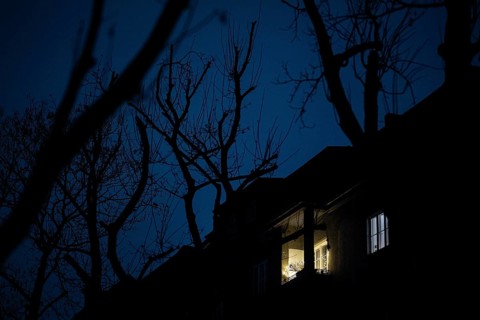 Christmas lights stand out in a window behind bare trees in Berlin