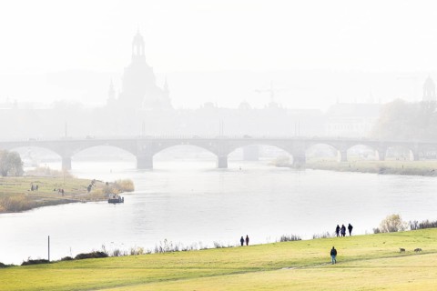 People on the Elbe meadows against the backdrop of Dresden's old town