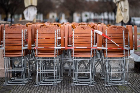 Assembled furniture for catering stands cordoned off at the Gendarmenmarkt in Berlin