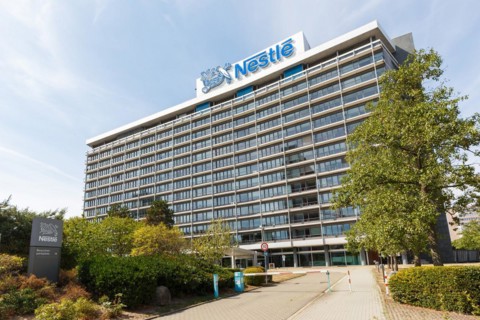 German headquarters of the food company Nestle with logo in Frankfurt-Niederrad