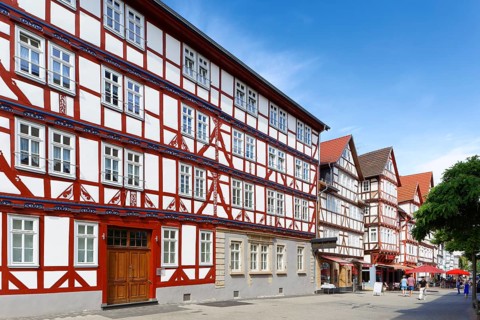 Street with half-timbered house