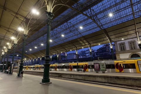 Historic platform hall at night