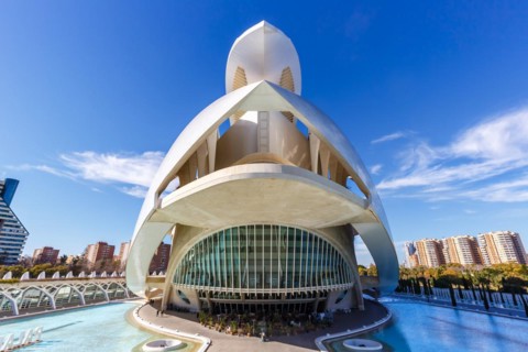 Ciutat de les Arts i les Ciencies with House of Culture building modern architecture by Santiago Calatrava in Valencia