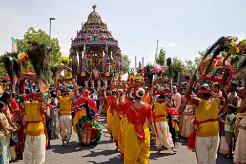 Dancing Hindus on the main festival day at the big parade Theer