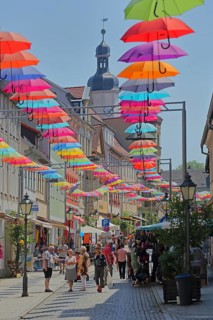 Decoration with colourful umbrellas in the pedestrian zone