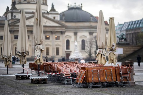Assembled furniture for catering stands cordoned off at the Gendarmenmarkt in Berlin