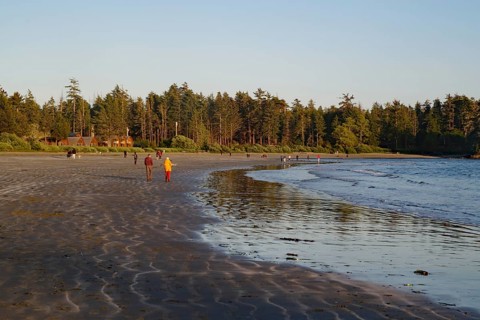 People on a long sandy beach