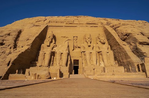 The incredible Abu Simbel Temple rebuilt on the mountain in southern Egypt in Nubia next to Lake Nasser. Temple of Pharaoh Ramses II