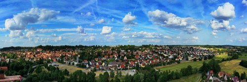 Aerial view of Feuchtwangen with a view of the historic centre of the old town. Feuchtwangen