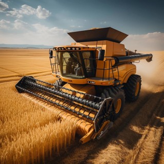 A combine harvester cuts the grain in a field