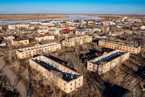 Aerial of collapsed buildings in Kurchatov