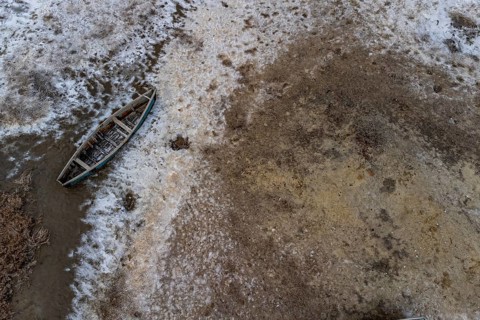 Aerial of the salty grounds of the Aral lake