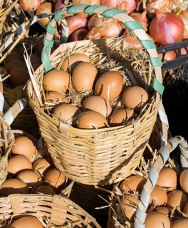 Organic fresh farm eggs in the straw basket