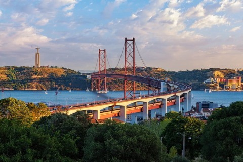 View of Lisbon view from Miradouro do Bairro do Alvito tourist viewpoint of Tagus river