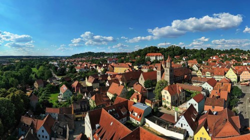 Aerial view of Feuchtwangen with a view of the historic centre of the old town. Feuchtwangen