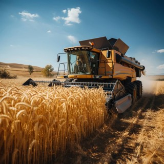 A combine harvester cuts the grain in a field