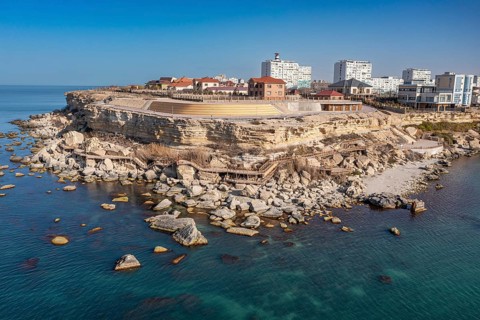 Aerial of the sandstone cliffs and promenade in Aktau