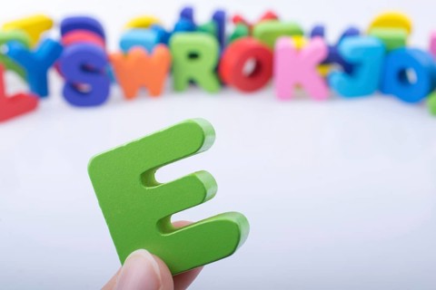 E Letter cubes of Alphabet made of wood