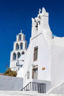 Belltower and Whitewashed architecture in Pyrgos