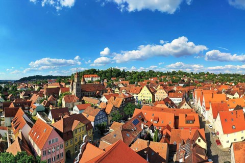 Aerial view of Feuchtwangen with a view of the historic centre of the old town. Feuchtwangen