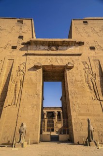 Facade with drawing of pharaohs of the Temple of Edfu in the city of Edfu