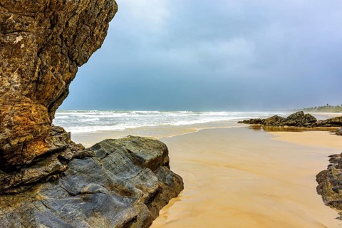 Deserted beach with coconut trees and rocks on a rainy day in Serra Grande on the coast of Bahia