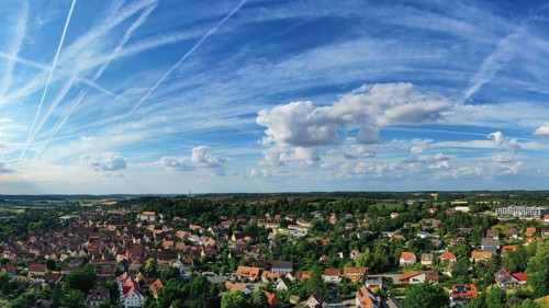 Aerial view of Feuchtwangen with a view of the historic centre of the old town. Feuchtwangen