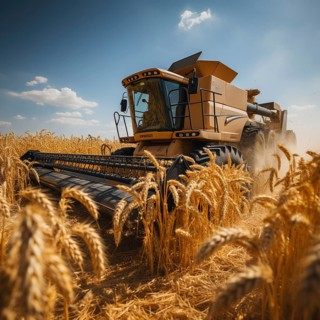 A combine harvester cuts the grain in a field