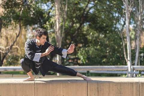 Young man practicing Kung Fu in the park