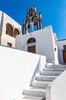 Belltower and Whitewashed architecture in Pyrgos