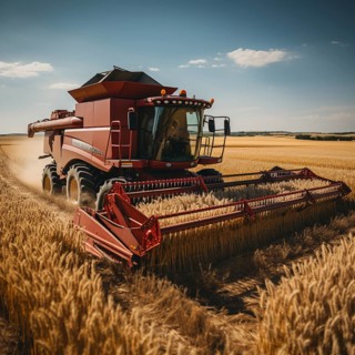 A combine harvester cuts the grain in a field