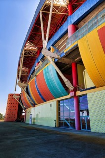 Colourful facade of a football stadium