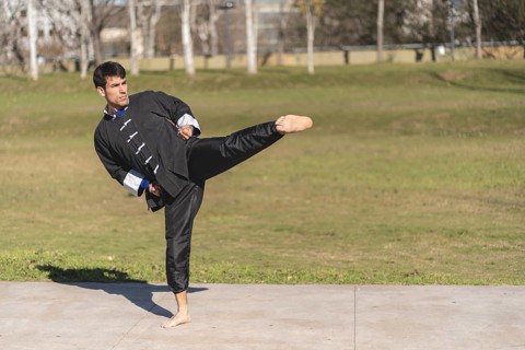 Young man practicing Kung Fu in the park