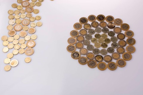 Turkish Lira coins together shape a round circle form on white background